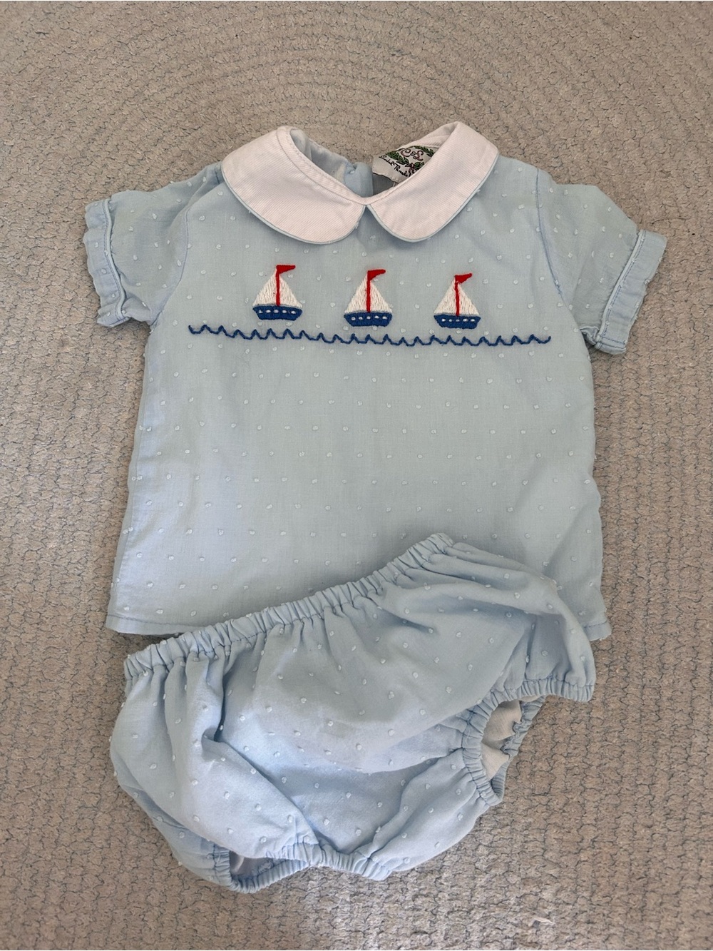 Cecil & Lou embroidered sailboats two piece blue collared set cotton 12 months